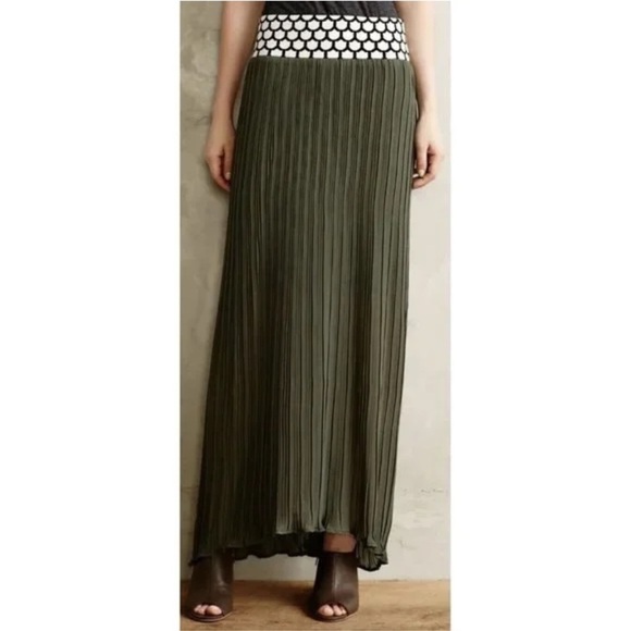 Dear Creatures Anthropologie Green Pleated Midi Skirt with Knit Waistband Size L - Picture 1 of 9